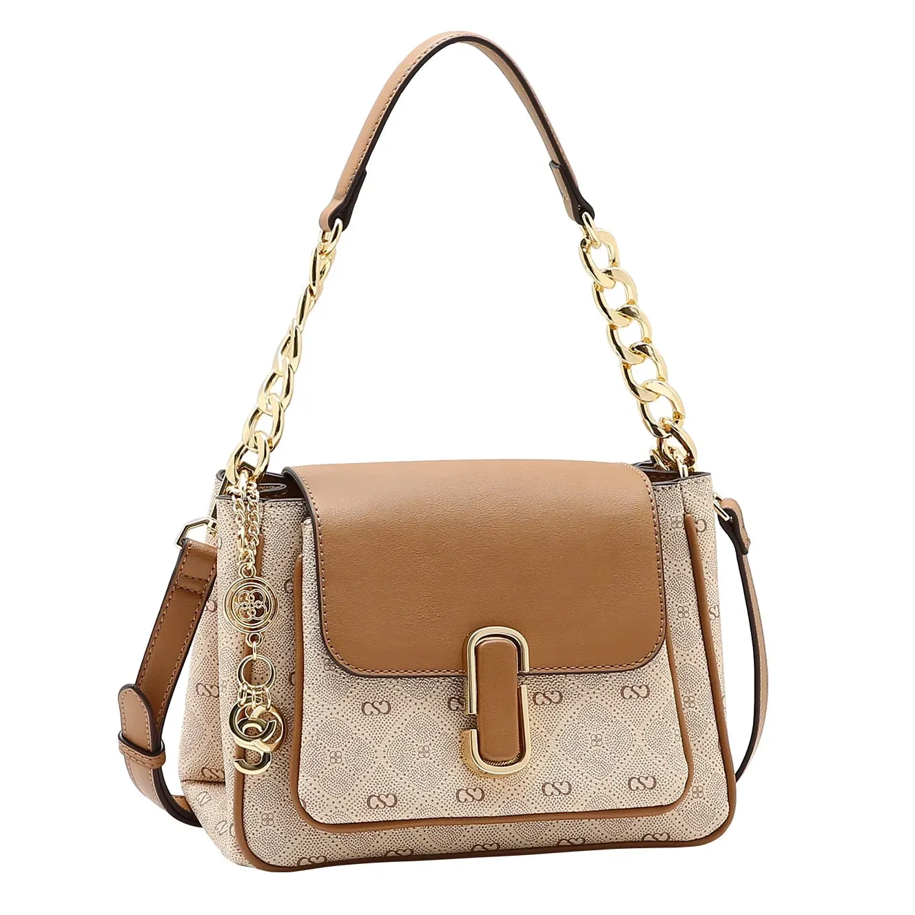 Bolsa feminina Chenson shoulder bag monograma bege vista frontal com detalhes em PU marrom e corrente dourada